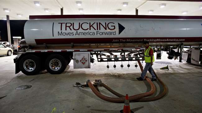 Diesel tanker with Trucking Moves America Forward banner