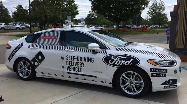 The specially designed delivery car that Ford Motor Co. and Domino’s Pizza will use to test self-driving pizza deliveries, at Domino’s headquarters in Ann Arbor, Mich.
