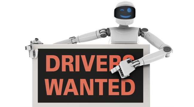Robot holding "Drivers Wanted" sign