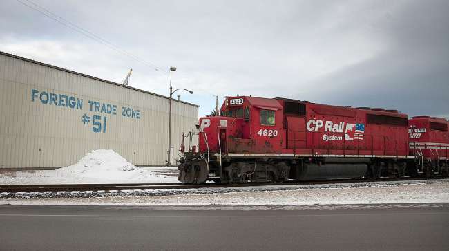 A Canadian Pacific Railway Ltd. train arrives at the Port of Duluth.