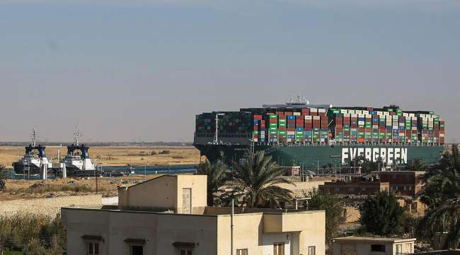 The Ever Given containership along the Suez Canal in March