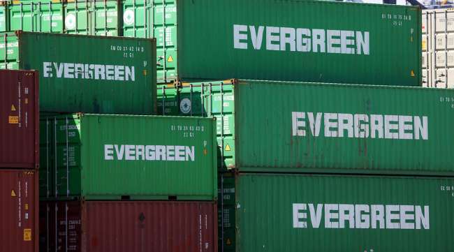 Evergreen shipping containers at the Port of Felixstowe Ltd. in Felixstowe, U.K.