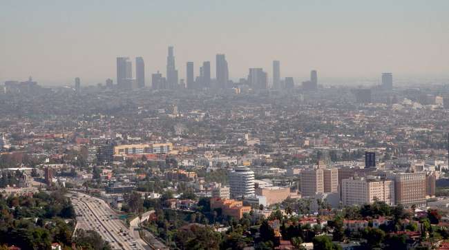 Haze-shrouded Los Angeles skyline