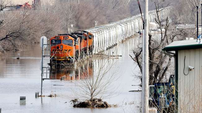BNSF train in floodwaters in Plattsmouth, Neb.