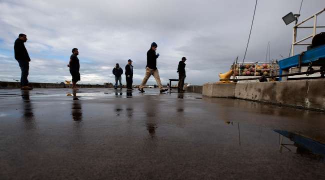People wait in line to buy fish from boat captain Nick Haworth, second from right, in San Diego on March 20.