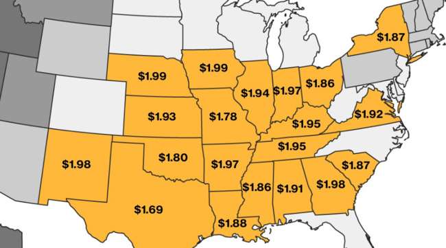 Map showing states where gas can be found for less than $2 a gallon