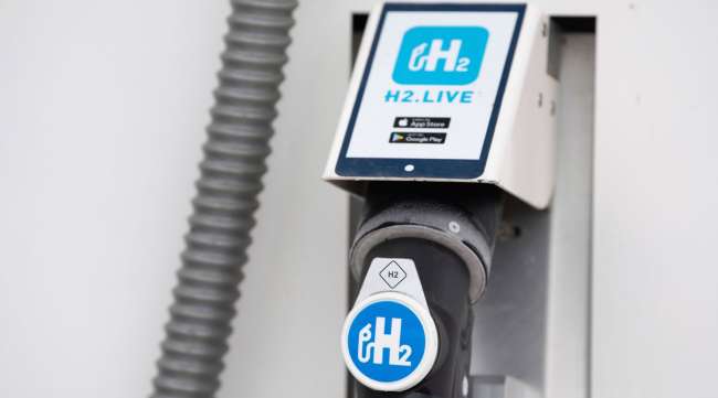 A nozzle valve is attached to the dispenser of a hydrogen filling station in Dresden, Germany, on June 8.