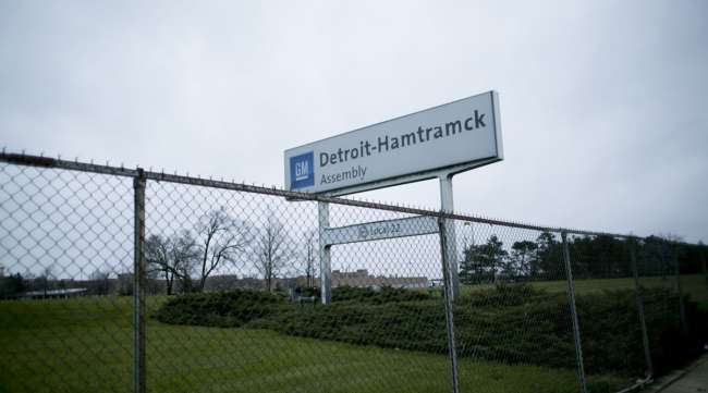 A sign outside GM's Detroit-Hamtramck plant.