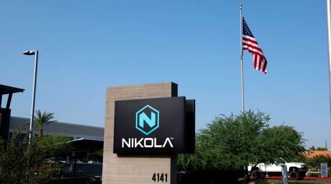 Signage is displayed out the Nikola headquarters in Phoenix, Ariz.