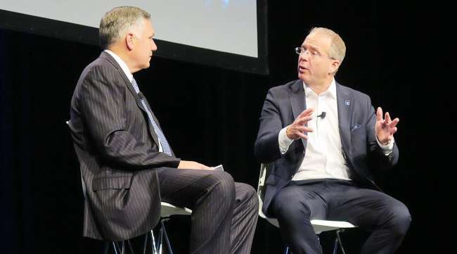 Meritor CEO Jay Craig (left) interviews Volvo CEO Martin Lundstedt