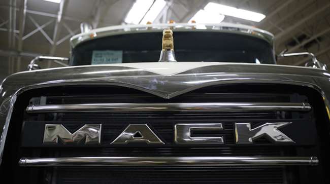 Closeup of Mack logo on truck