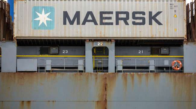 An A.P. Moller-Maersk A/S shipping container sits aboard a ship in Felixstowe, U.K., in March 2019.