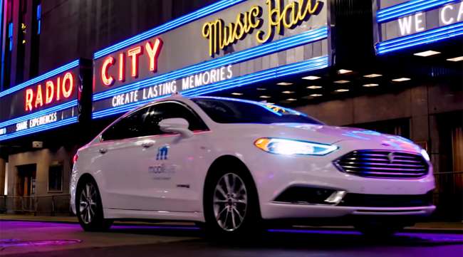 Mobileye's autonomous vehicle passes a New York City landmark, Radio City Music Hall