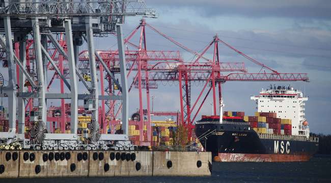 A containership sits docked at the Port of Montreal on Oct. 28, 2021.