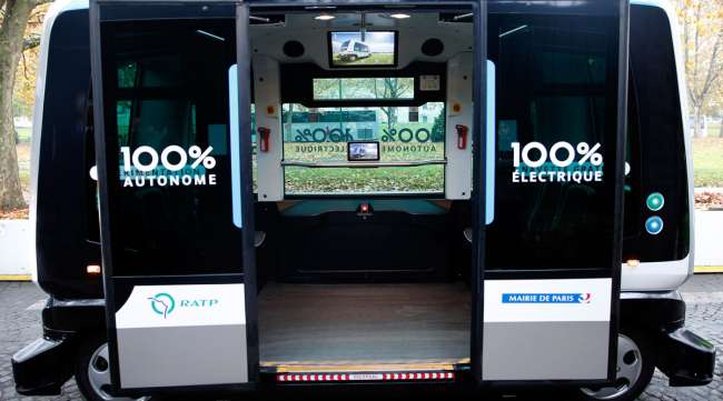 An EasyMile autonomous shuttle is displayed during an experiment in Paris in November 2017.
