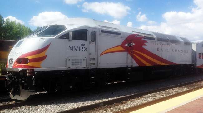 New Mexico Rail Runner Express locomotive stands at the depot in Santa Fe, N.M.