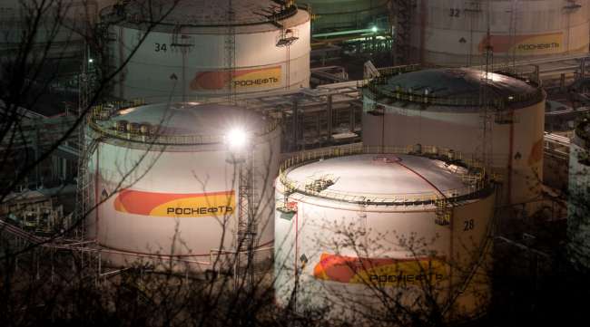 Lights illuminate oil storage tanks at the RN-Tuapsinsky refinery, in Tuapse, Russia, on March 22.