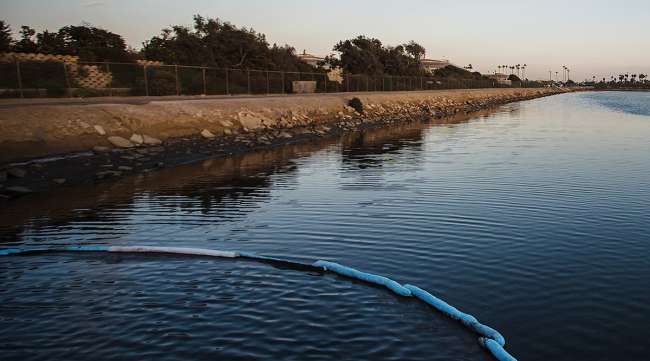 A containment boom at Talbert Marsh during an oil spill in Huntington Beach, Calif.