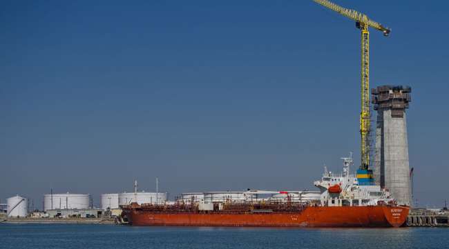 An oil and chemical tanker sits at the Port of Corpus Christi in Texas on Feb. 19. (Eddie Seal/Bloomberg News)