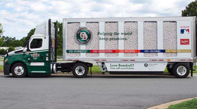 View of Old Dominion Freight Line's baseball-laden truck