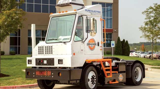 An OrangeEV electric yard truck