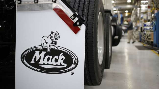 New trucks roll off at a Mack Trucks plant