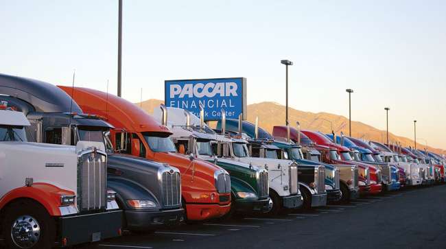 Used Kenworth and Peterbilt trucks on a Paccar Financial Services lot