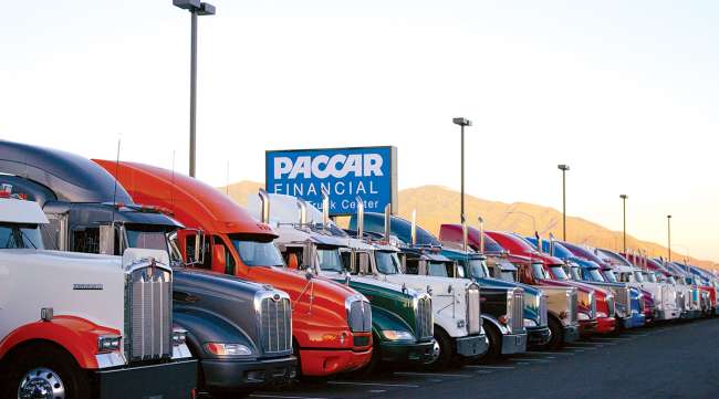 Kenworth and Peterbilt trucks on a Paccar lot