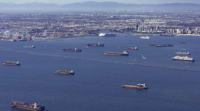 Containerships moored off the ports of Los Angeles and Long Beach
