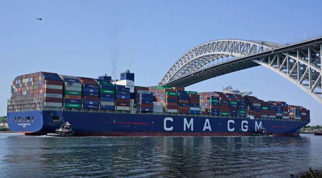 The CMA CGM Marco Polo passes underneath the Bayonne Bridge in New Jersey on May 20. (Seth Wenig/Associated Press)