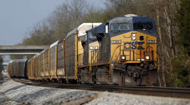 CSX freight locomotives pull a train. (Luke Sharrett/Bloomberg News)