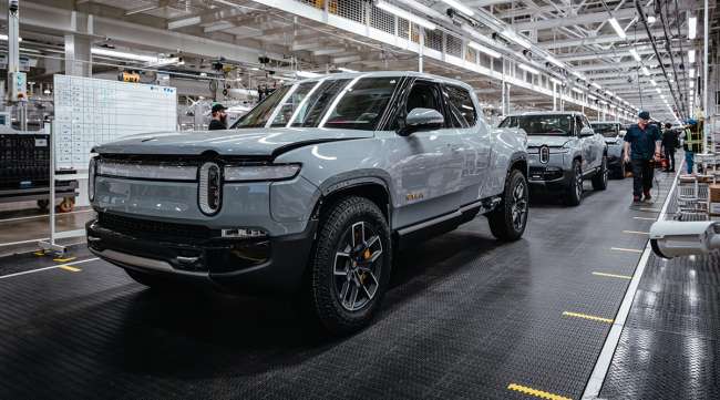 A Rivian R1T pickup truck on the assembly line
