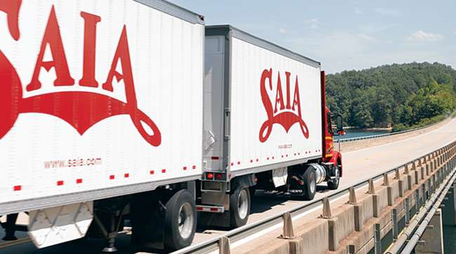 Saia truck with twin trailers