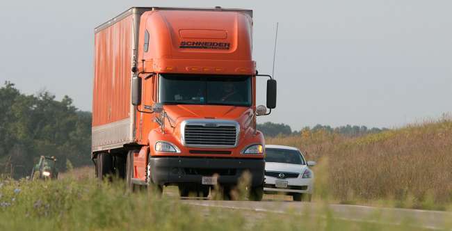 Schneider truck on a highway in Missouri