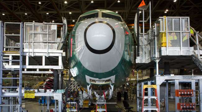 The nose of a Boeing 737 Max 9 jetliner sits during production at the company's manufacturing facility in Renton, Wash., in 2017.