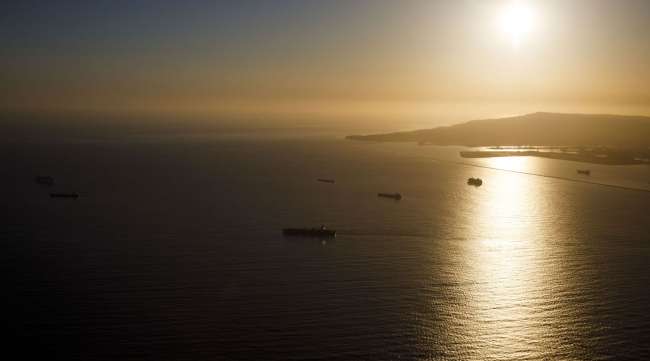 Oil tankers are seen anchored in the Pacific Ocean above Long Beach, Calif., on May 1.
