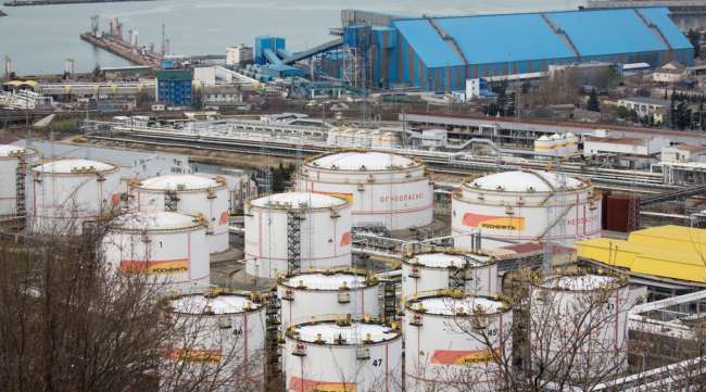Oil storage tanks stand in Tuapse, Russia, on March 23.