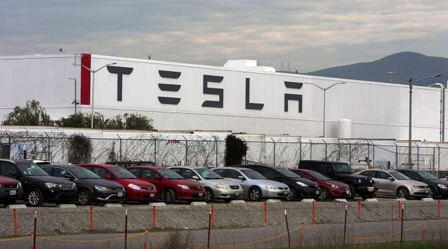 The view from outside the Tesla plant in Fremont, Calif., in early 2016.