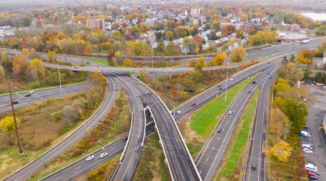 An aerial view of roads in east Hartford, Conn.