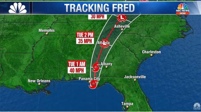 Map tracking projected path of Tropical Storm Fred