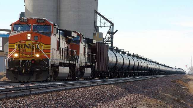 BNSF Railway train hauls crude oil near Wolf Point, Mont.