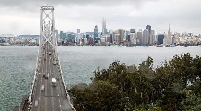 Traffic is light on the San Francisco-Oakland Bay Bridge May 18,2020.