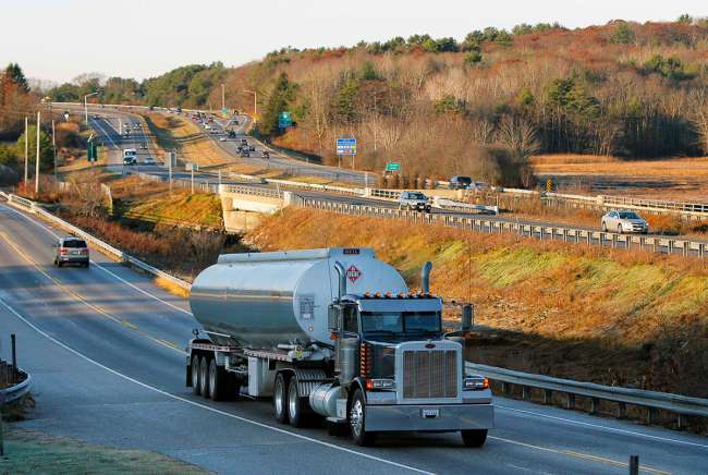 A tanker truck travels near Yarmouth, Maine