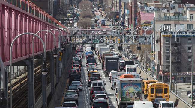 New York City traffic from Brooklyn crosses the Williamsburg Bridge to enter Manhattan in March of 2019.