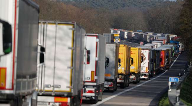 Trucks stuck on the German-Polish border near Frankfurt on March 18.