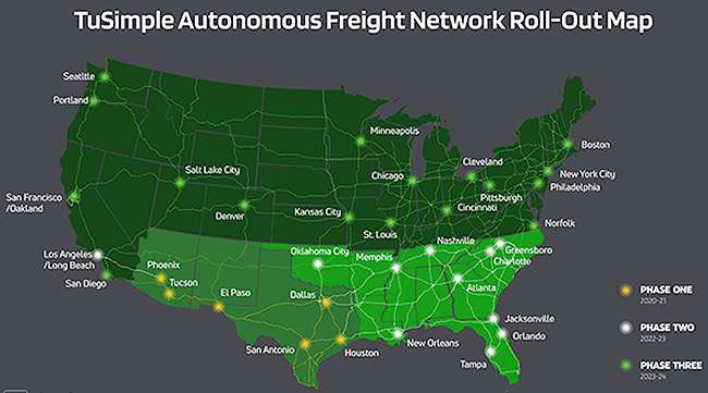 Map shows planned rollout of TuSimple's Autonomous Freight Network