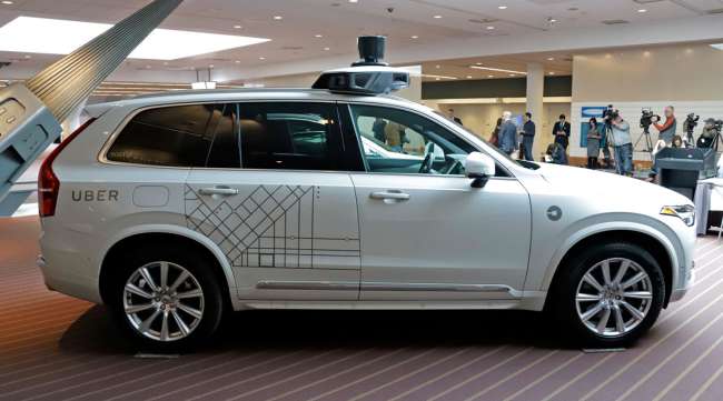 An autonomous Volvo under development by Uber on display in Pittsburgh in March 2019.