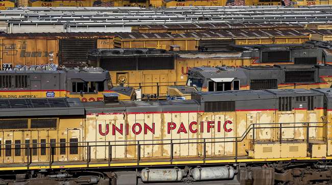 Union Pacific cars in railyard