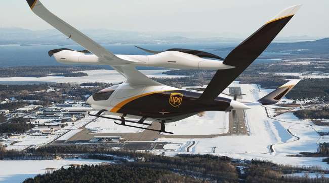 An artist rendering of a UPS electric Vertical Takeoff and Landing aircraft.