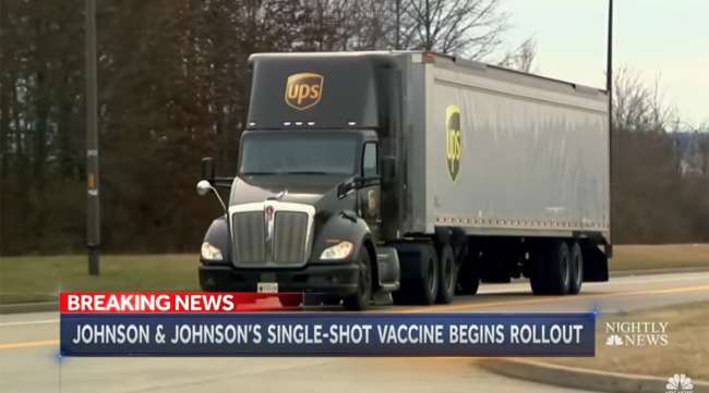 A UPS truck loaded with the Johnson & Johnson vaccine